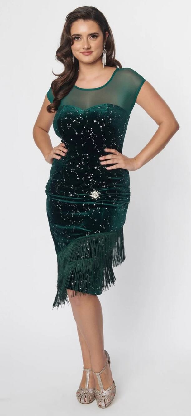 Unique Vintage 1920’s Emerald Green Velvet Fringe Flapper Dress M NWT